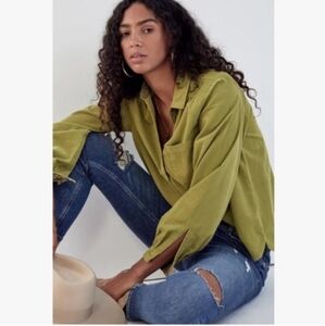 ANTHROPOLOGIE Green Pilcro Sigourney Corduroy Buttondown Shirt Tops Size S